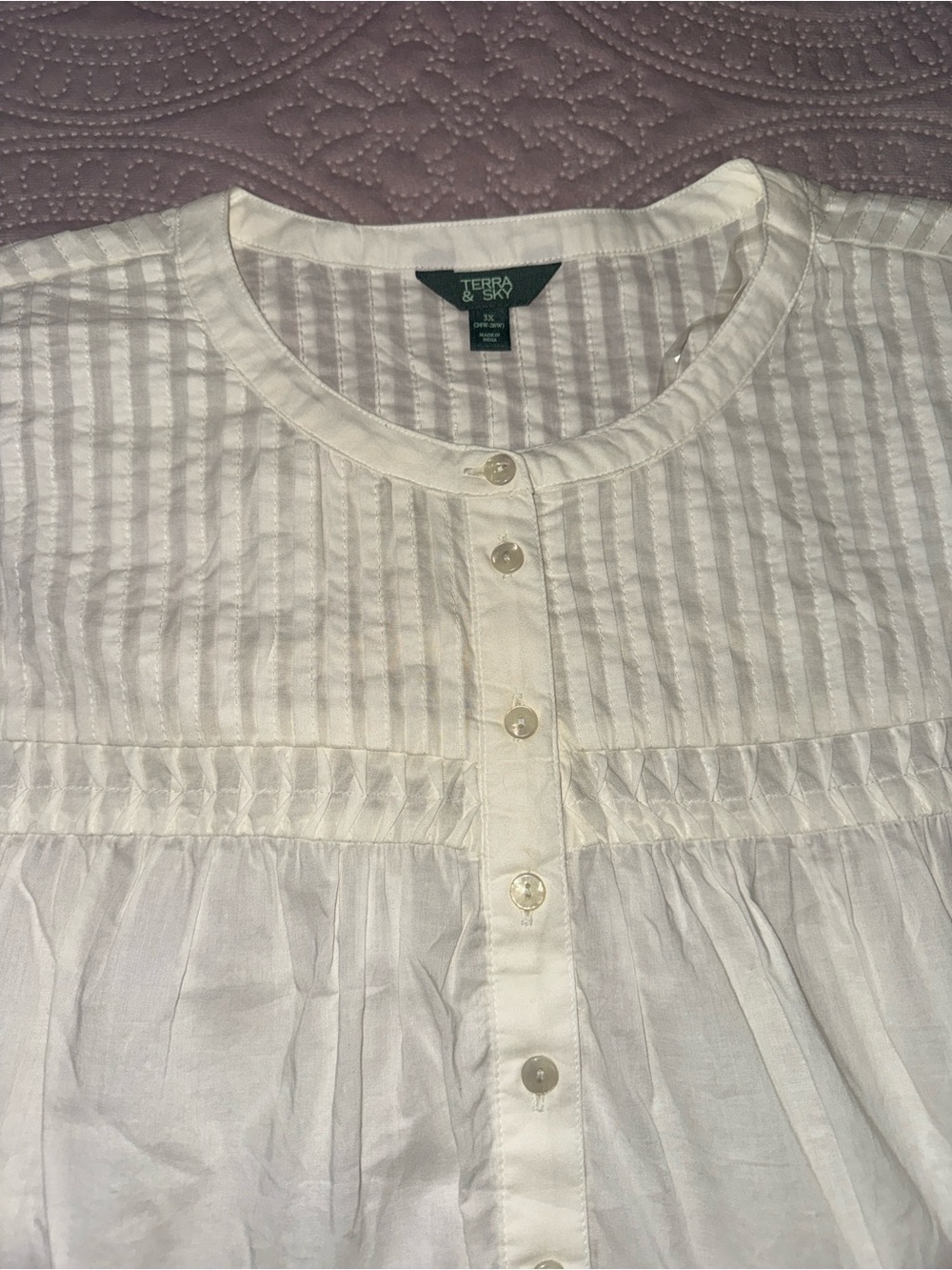 Terra & Sky 100% Cotton Button Front Blouse Smock Yoke Top 3x 24w-26w - Picture 4 of 5